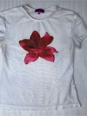 Edikted Sheer White Tee with Large Red-Pink Floral Graphic Size: Medium